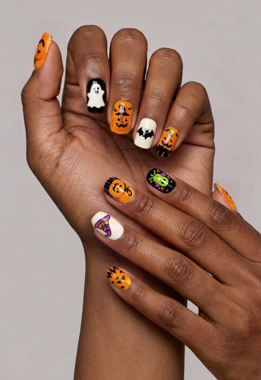 Short Round Halloween Pumpkin Ghost Bat Witch Hat Nails — Photoshoot Nails
