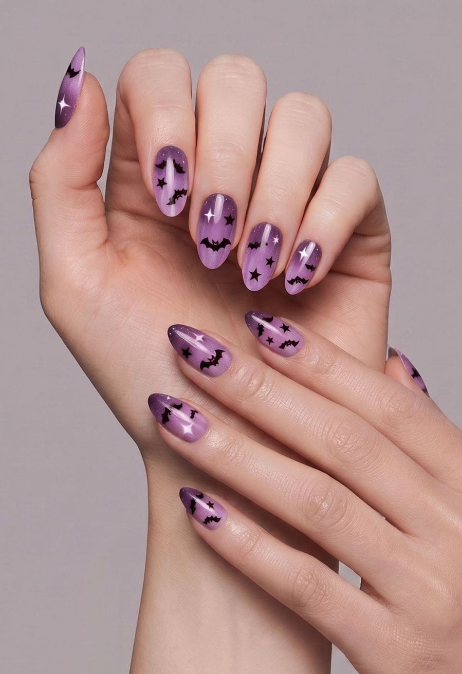 Medium Almond Purple Ombre Bat Star Nails — Photoshoot Nails