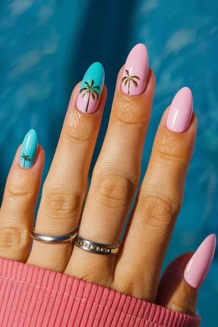 Medium Stiletto Pink Turquoise Palm Tree Nails — Photoshoot Nails