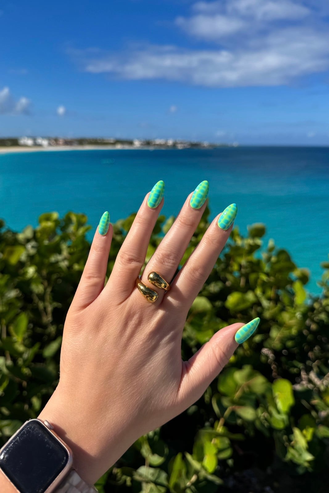 Long Stiletto Green Turquoise Gingham Nails — Photoshoot Nails