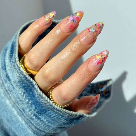 Stiletto Long Sheer Pink Glitter Butterfly Nails — Photoshoot Nails
