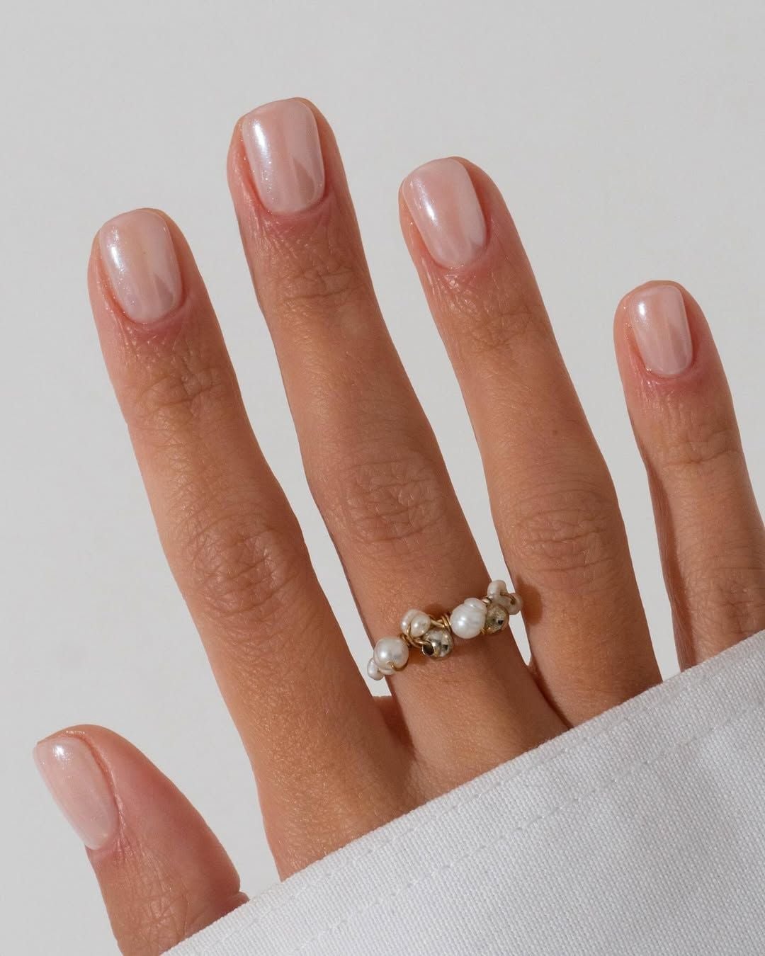Short Square Milky Pink Subtle Shimmer Glossy Nails — Photoshoot Nails
