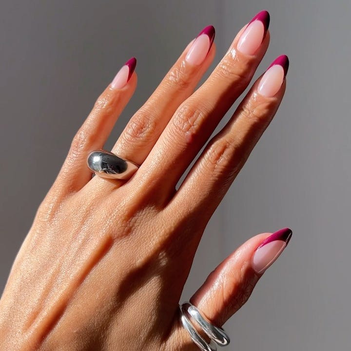 Long Almond Nude Deep Berry French Tip Nails — Photoshoot Nails