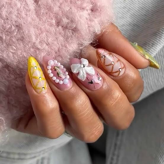 Medium Almond 3D Floral Pearl Gold Foil Nails — Photoshoot Nails