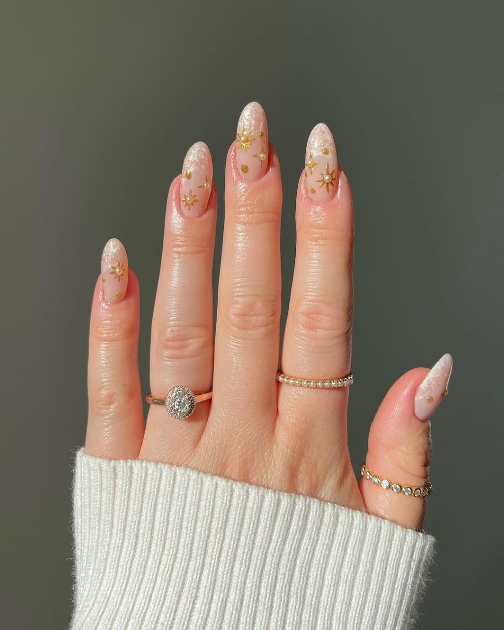 Long Almond Sheer Nude Celestial Gold Decal Nails — Photoshoot Nails