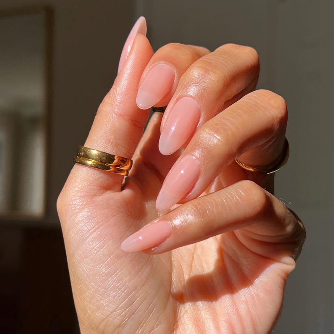 Short Almond Sheer Nude Pink Shimmer Nails — Photoshoot Nails