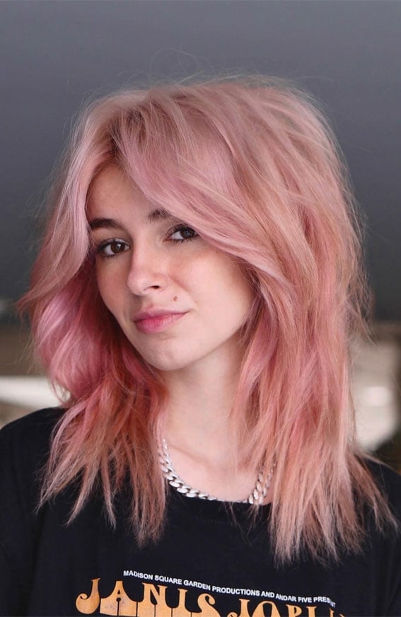 Shag With Collarbone Layers And Curtain Bangs Shag With Collarbone Layers And Curtain Bangs — Pink Hair
