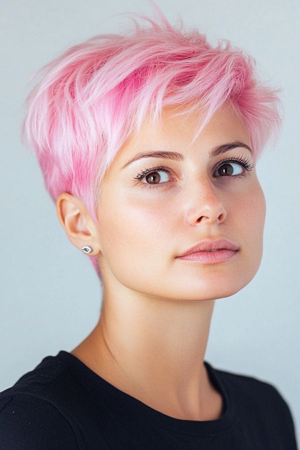 Short Textured Pixie In Cotton Candy Pink Short Textured Pixie In Cotton Candy Pink — Pink Hair