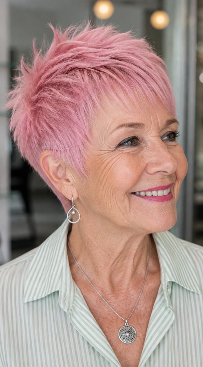 Textured Pixie With Choppy Layers Pastel Pink Textured Pixie With Choppy Layers Pastel Pink — Pink Hair
