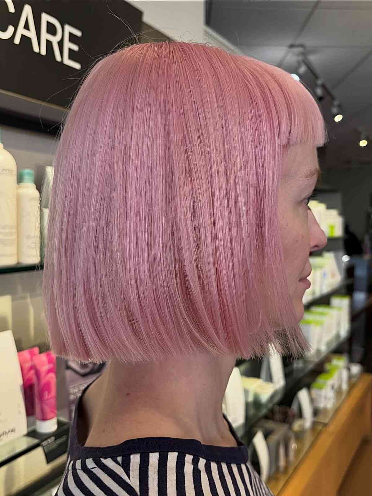 Chin Length Bob With Micro Bangs Light Pink Chin Length Bob With Micro Bangs Light Pink — Pink Hair