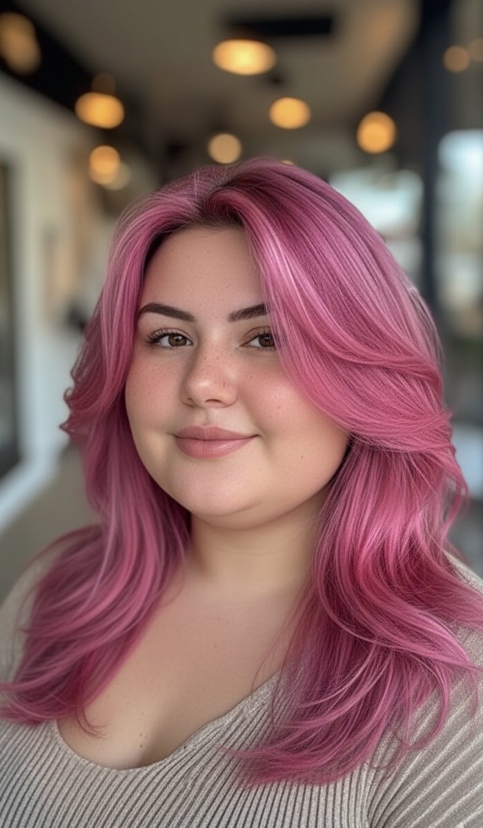 Mid-Back Layers Medium Pink With Lighter Highlights Mid-Back Layers Medium Pink With Lighter Highlights — Pink Hair