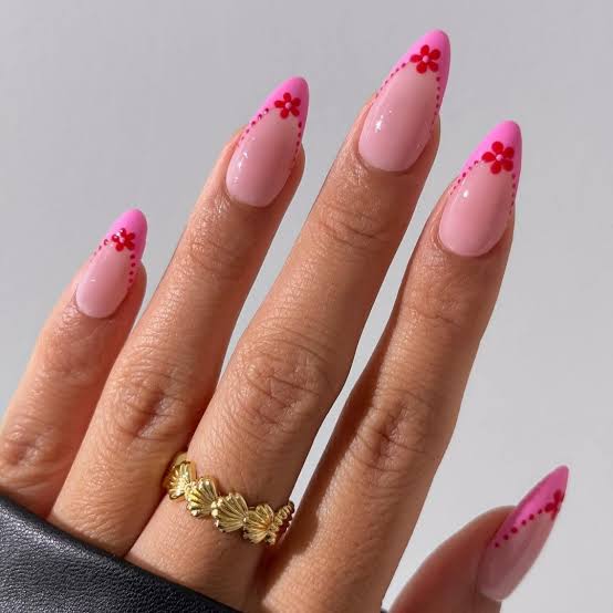 Bright Pink French Medium Almond Nails, миндаль — Pink Nails