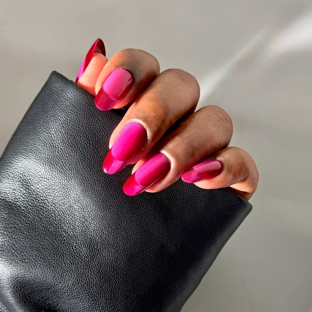 Deep Pink to Magenta Velvet Gradient Long Almond Nails — Pink Nails