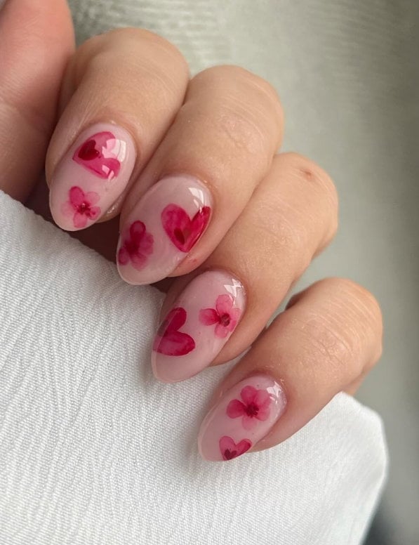 Sheer Pink with Floral and Heart Art Medium Oval Nails — Pink Nails