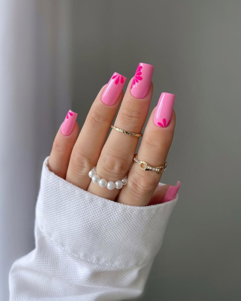 Bright Pink with Flower Accents Medium Square Nails — Pink Nails