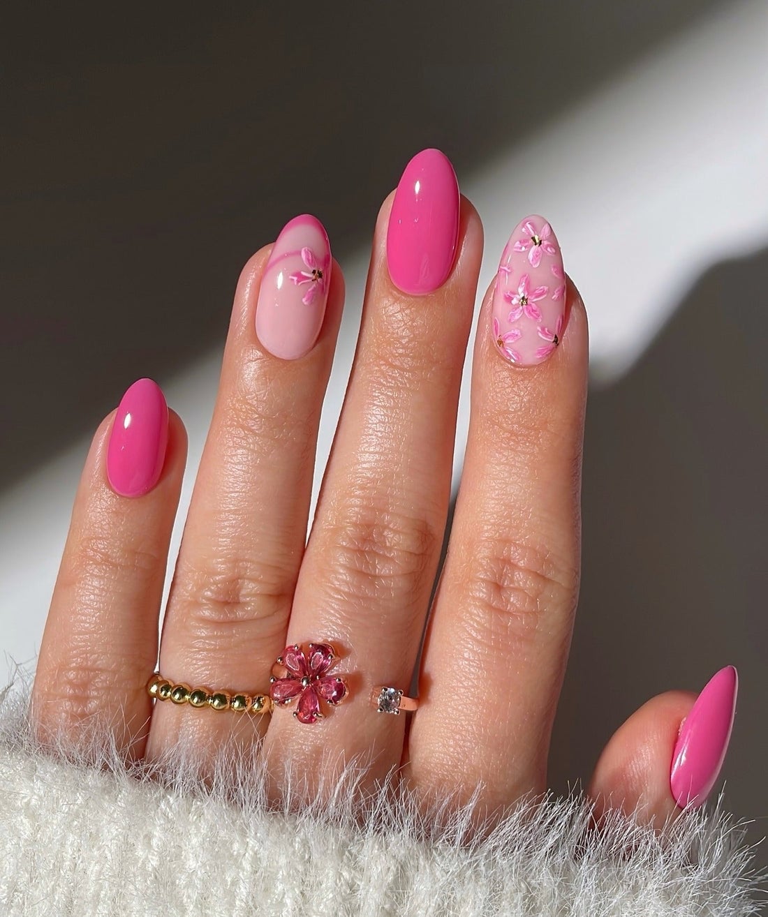 Dual-Tone Pink with Floral Art Short Almond Nails — Pink Nails