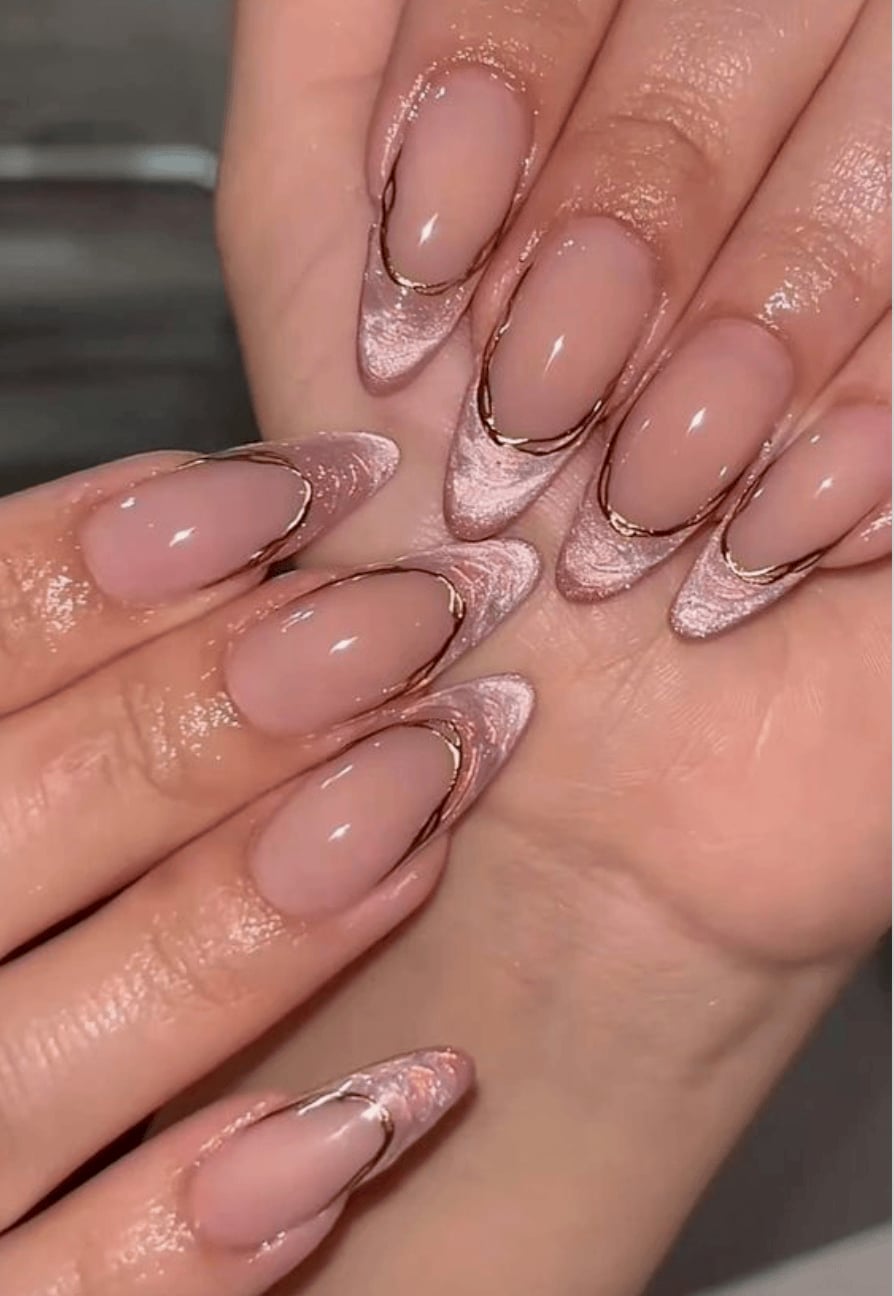 Pink Glitter French Long Almond Nails with Gold Outline — Pink Nails