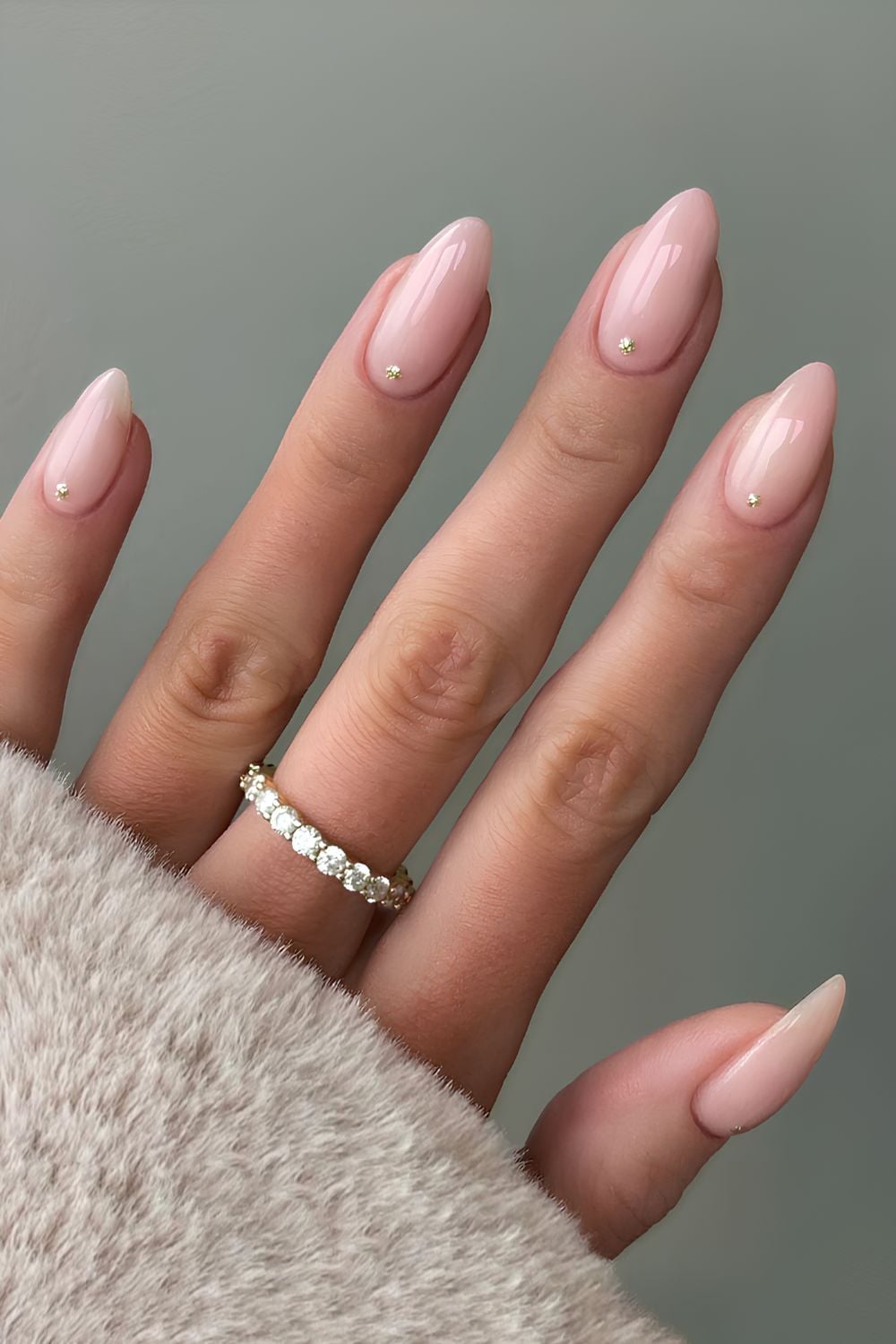 Sheer Pale Pink with Gold Dots Short Almond Nails, Close-Up Take — Pink Nails