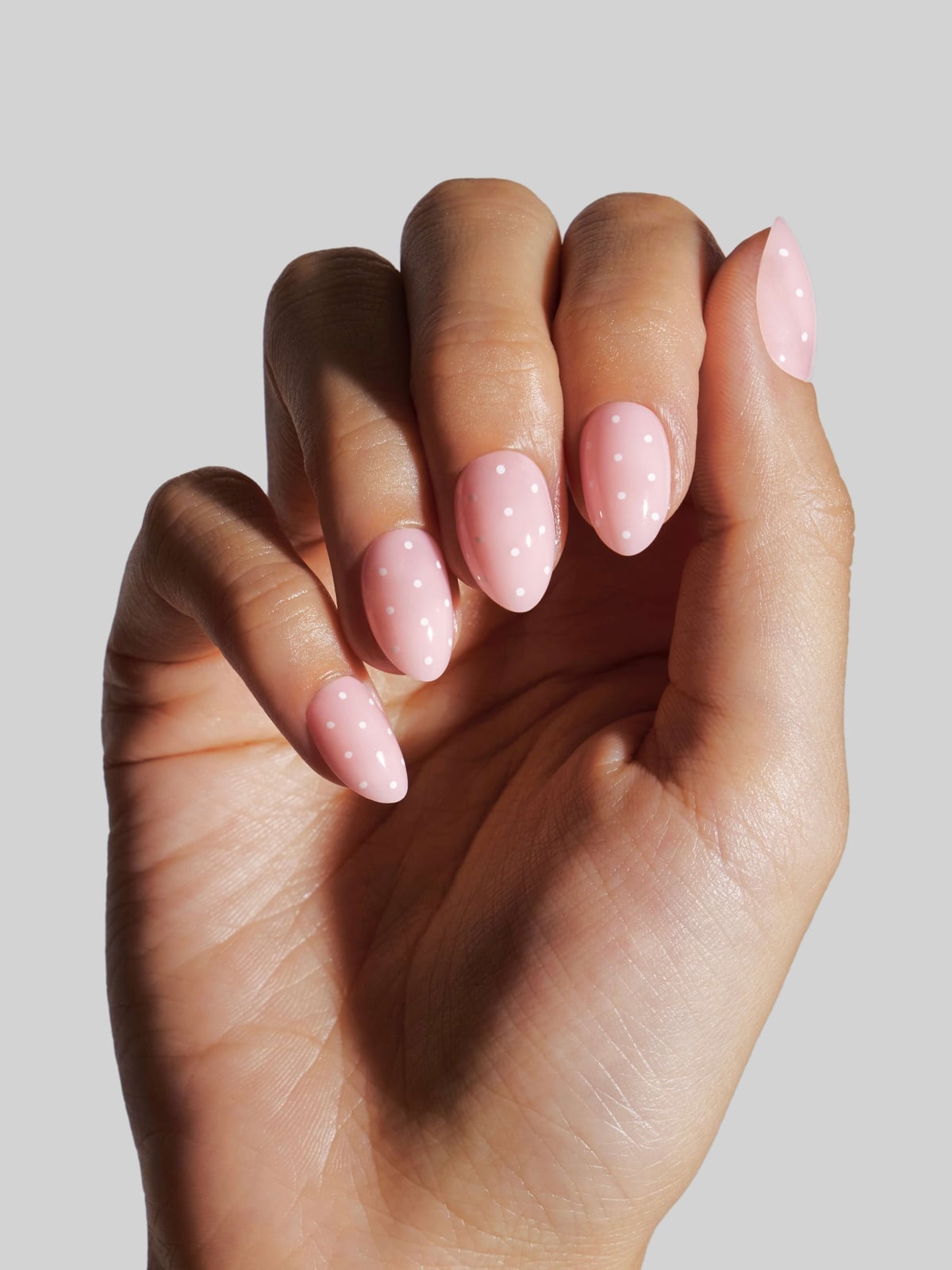 Baby Pink with White Polka Dots Short Almond Nails — Pink Nails