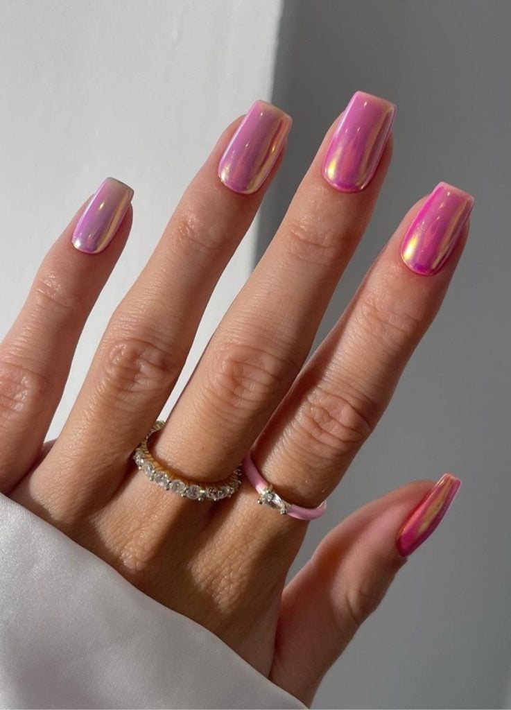 Iridescent Pink Chrome Medium Square Nails — Pink Nails