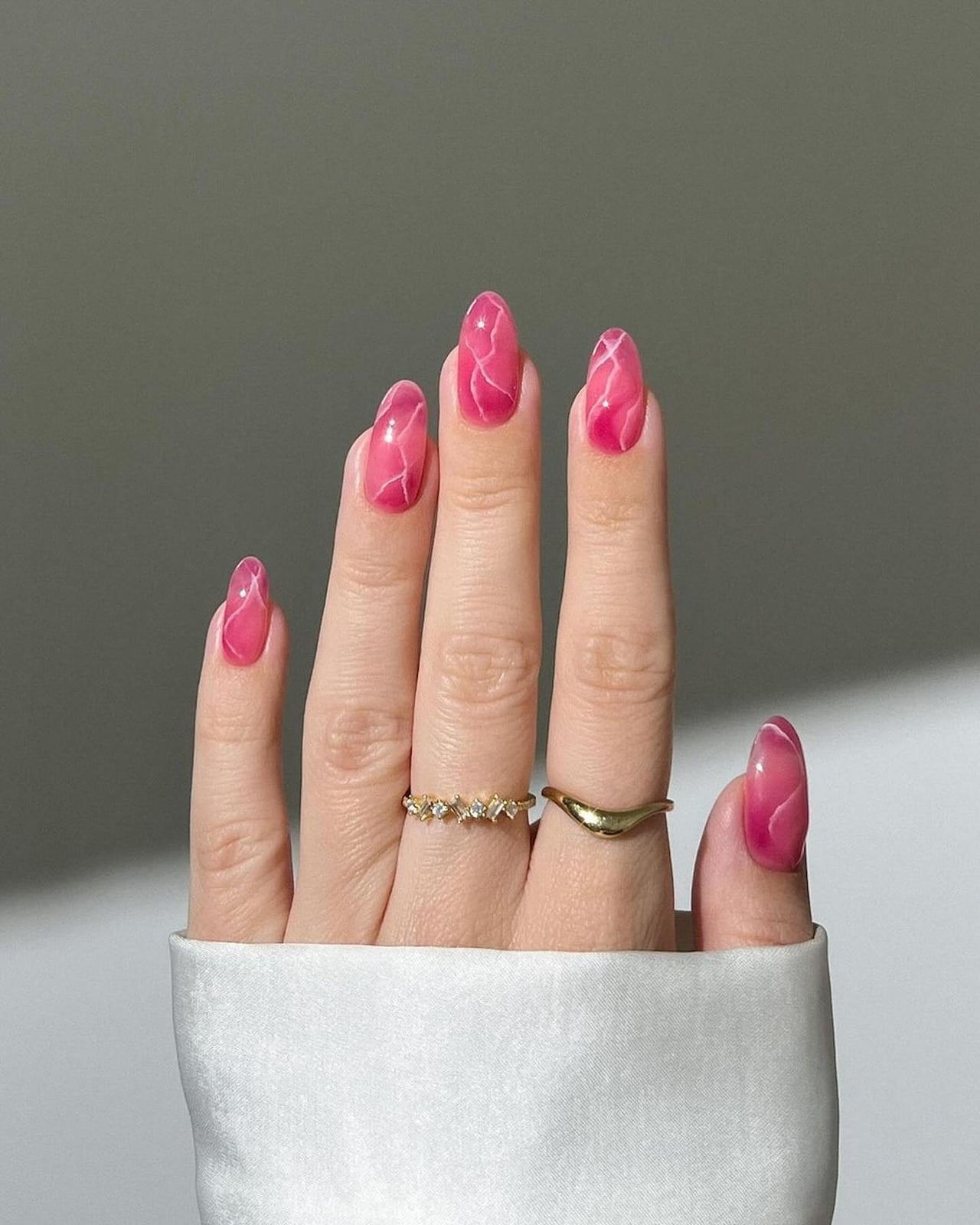 Bright Pink Marble Medium Almond Nails — Pink Nails