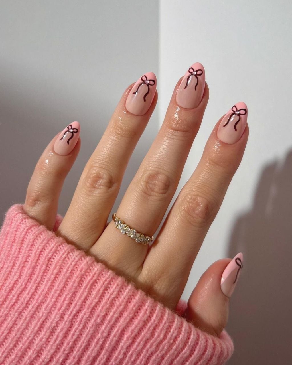Pale Pink with Dark Pink Bows Medium Almond Nails — Pink Nails