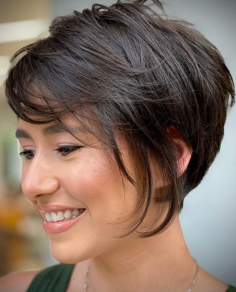 Dark Brown Pixie Bob With Asymmetrical Bangs Dark Brown Pixie Bob With Asymmetrical Bangs