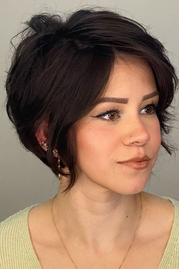 Dark Brown Pixie Bob With Side Swept Bangs Dark Brown Pixie Bob With Side Swept Bangs