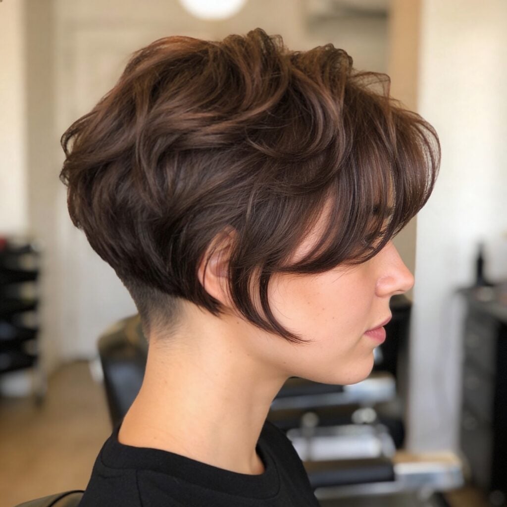 Voluminous Dark Brown Pixie With Undercut And Side Bangs — Pixie Crop