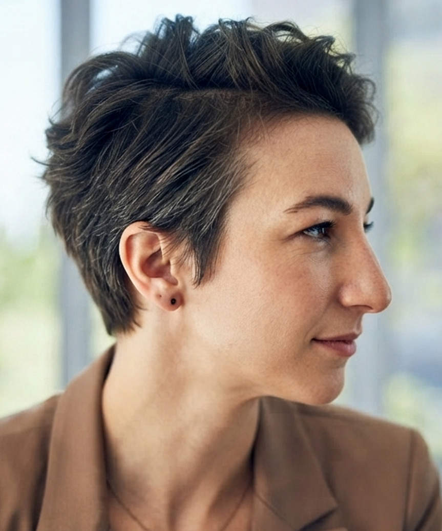 Dark Brown Pixie With Choppy Layers And Highlights — Pixie Crop