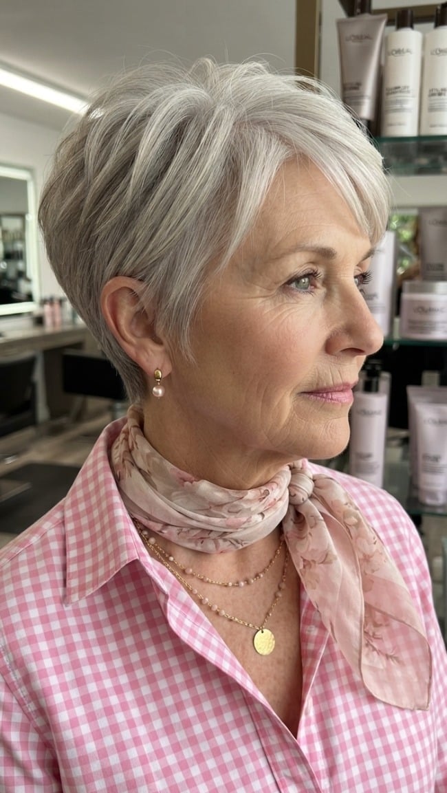 Silver-Gray Layered Pixie With Side Bangs — Pixie for Fine Hair