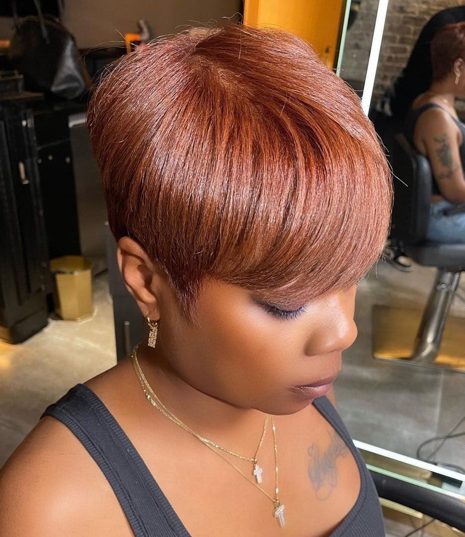 Copper Pixie With Long Smooth Fringe — Pixie Haircuts