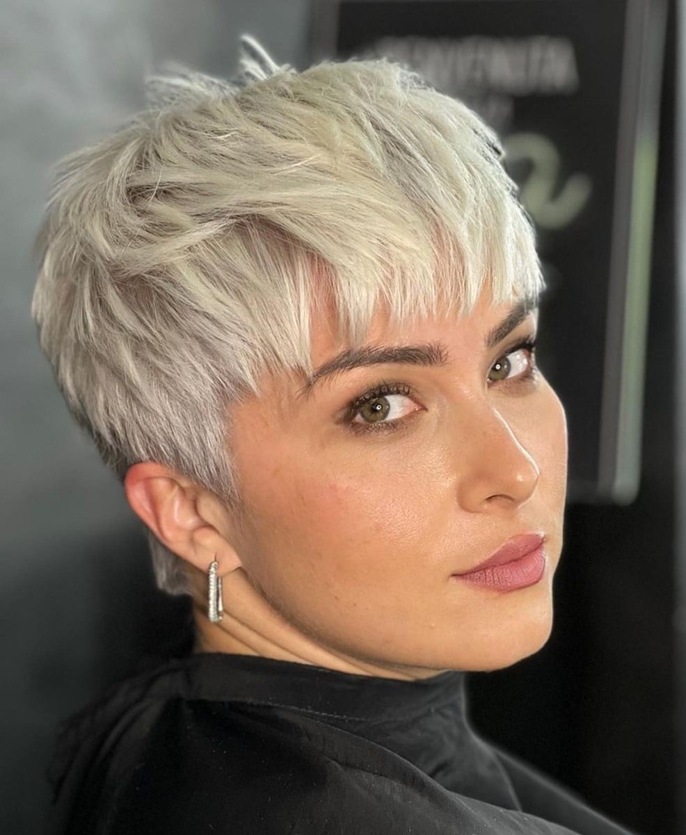 Platinum Blonde Pixie With Tousled Choppy Bangs — Pixie with Bangs