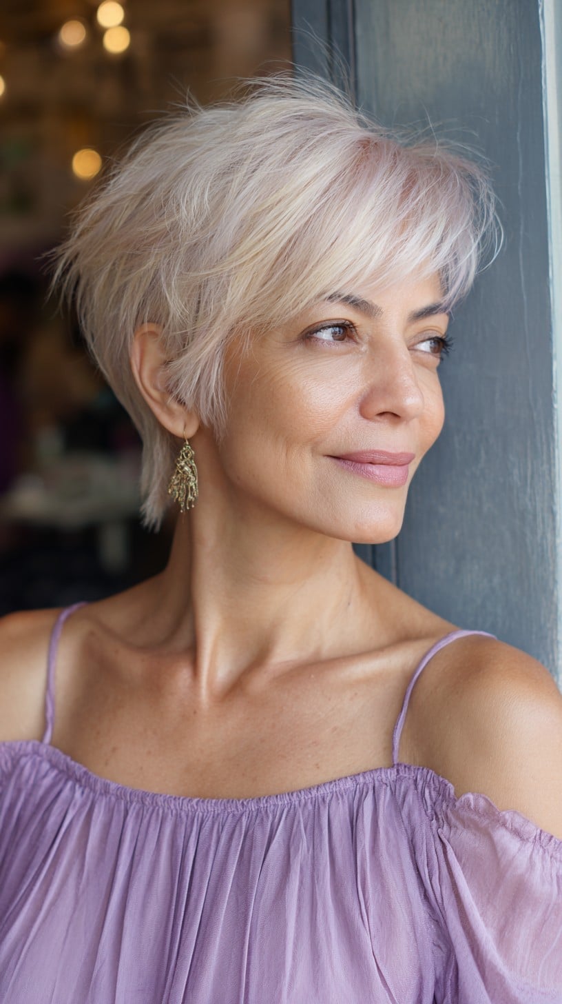 Light Silver Blonde Pixie With Textured Side Bangs — Pixie with Bangs
