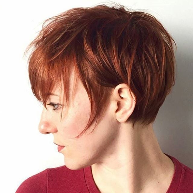 Coppery Red Pixie With Textured Side Bangs — Pixie with Bangs