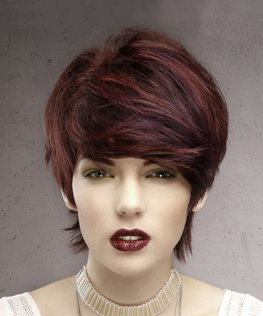 Deep Burgundy Pixie With Textured Side Bangs — Pixie with Bangs