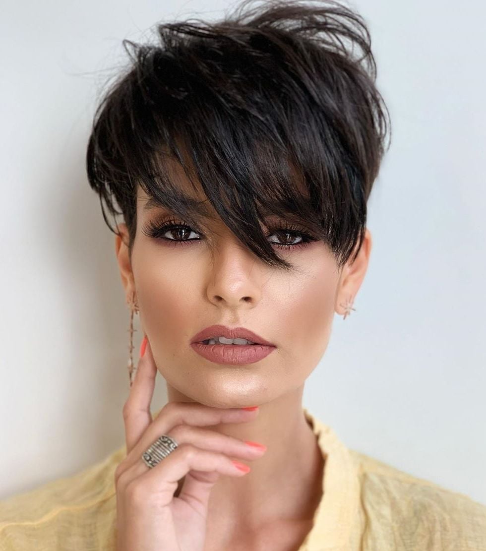 Layered Dark Pixie With Deep Side Part — Pixie with Bangs