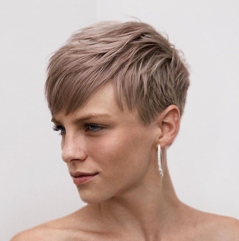 Ash Blonde Pixie With Tousled Side Bangs — Pixie with Bangs