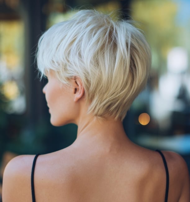 Platinum Blonde Pixie With Textured Layers — Pixie with Bangs