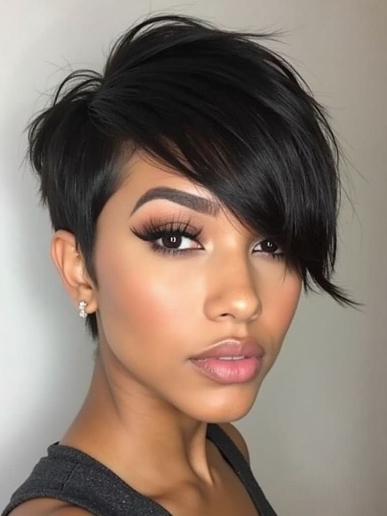 Sleek Black Pixie With Dramatic Side Bangs — Pixie with Bangs