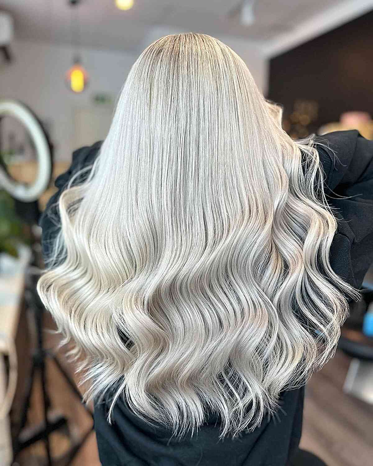 Mid-Back Cascading Platinum Blonde Waves, Wavy