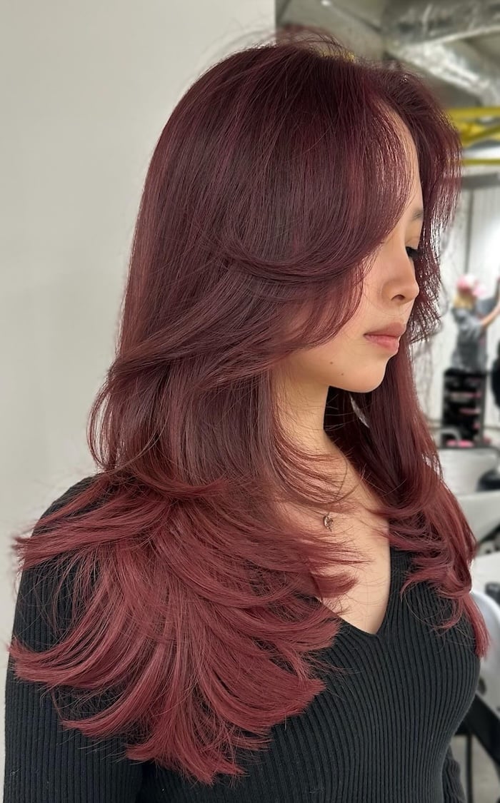 Shoulder Length Plum With Curtain Bangs, Long Layers With Face-Framing — Plum Hair