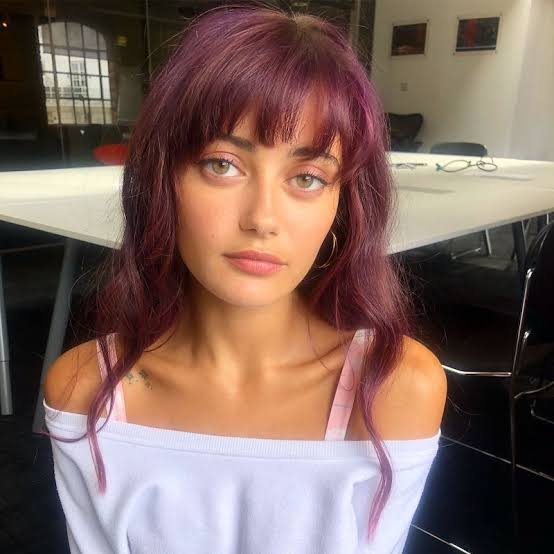 Mid-Back Plum With Curtain Bangs, Long Layers — Plum Hair