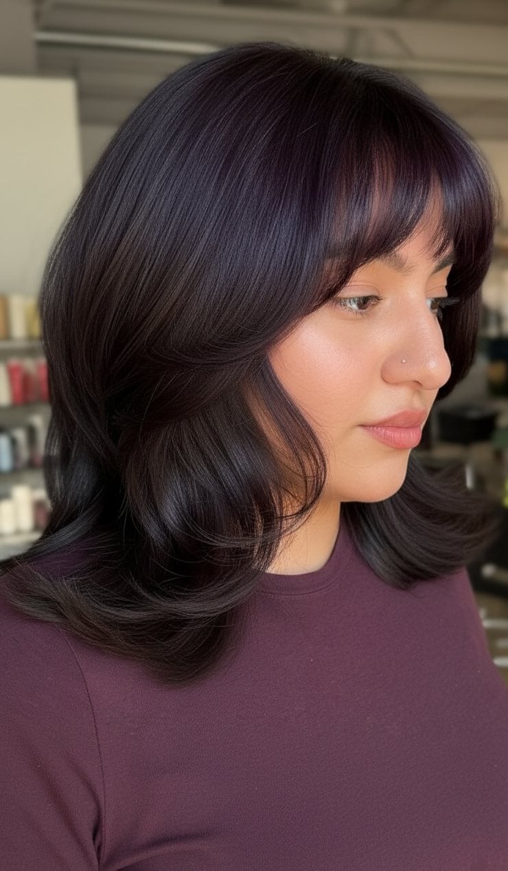 Collarbone Lob With Curtain Bangs In Dark Plum — Plum Hair
