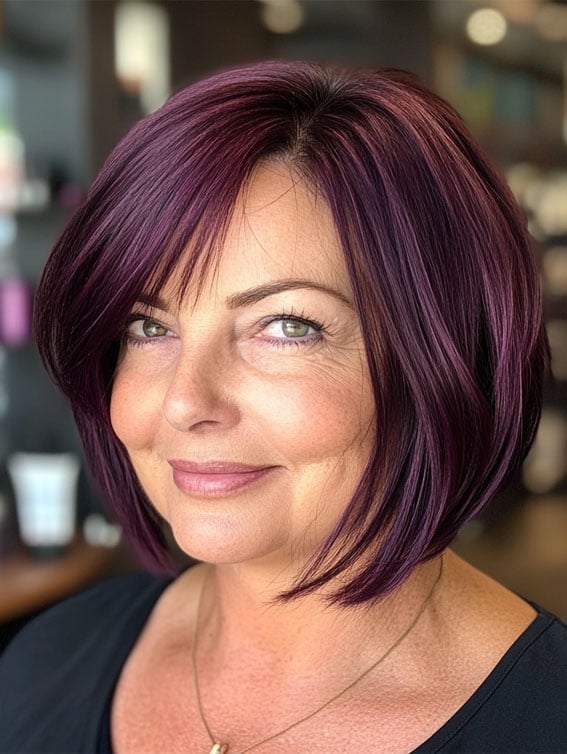 Deep Plum Bob With Side Swept Fringe, Close-Up Take — Plum Hair