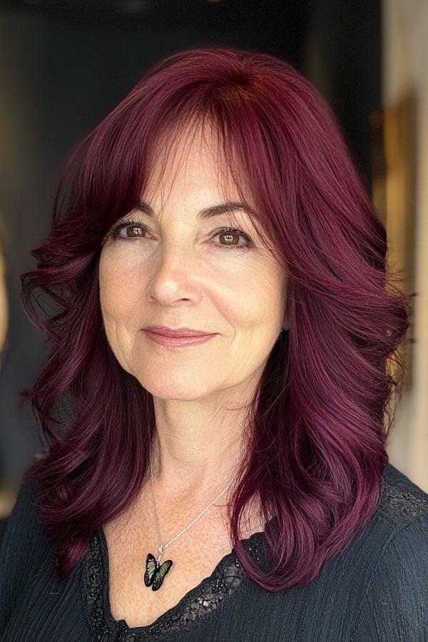 Collarbone Layered Deep Plum With Curtain Bangs — Plum Hair