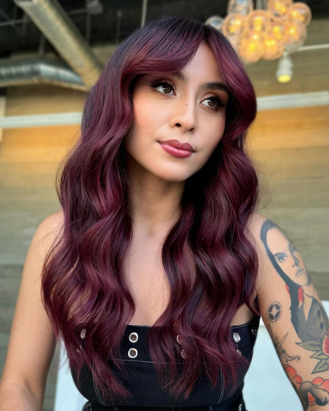 Shoulder Length Plum With Curtain Bangs — Plum Hair