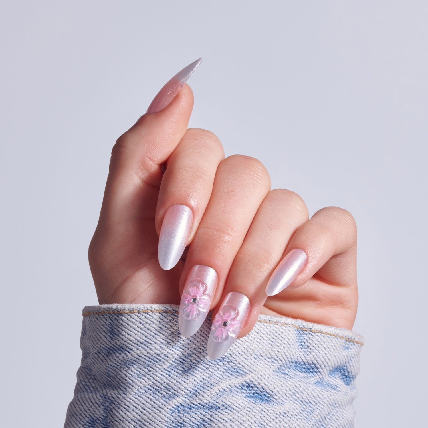Long Stiletto 3D Floral Milky Iridescent Press On Nails Long Stiletto 3D Floral Milky Iridescent Press On Nails