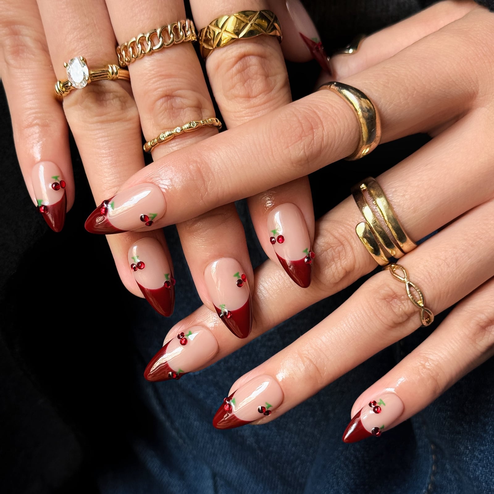 Long Almond Cherry French Tip Press On Nails Long Almond Cherry French Tip Press On Nails