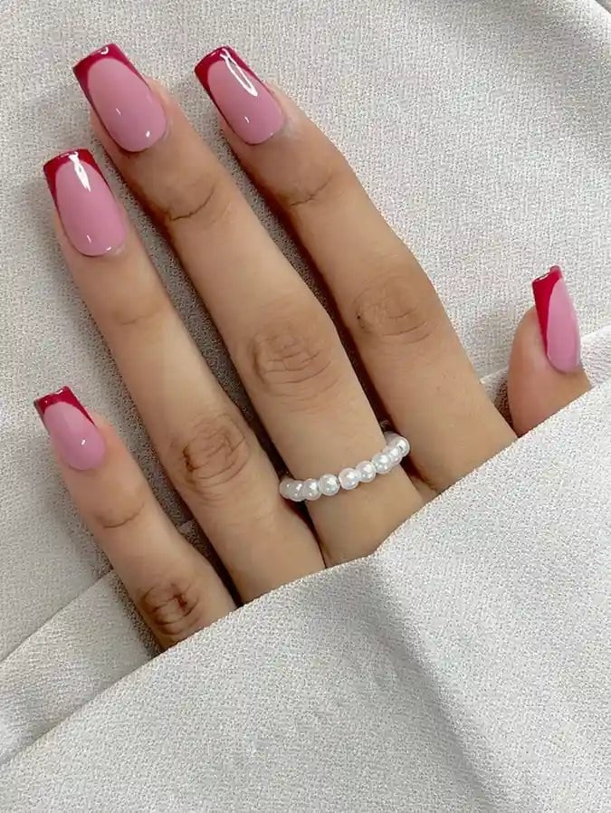 Long Coffin Red French Tip Press On Nails Long Coffin Red French Tip Press On Nails